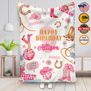 USA Printed Custom Cowboy Blanket | Happy Birthday Cowgirl Yeehaw Custom Name Blanket, Cowgirl Blanket, Personalized Blanket, Blanket for Girl, Gift For Daughter for Girl, Birthday Gifts
