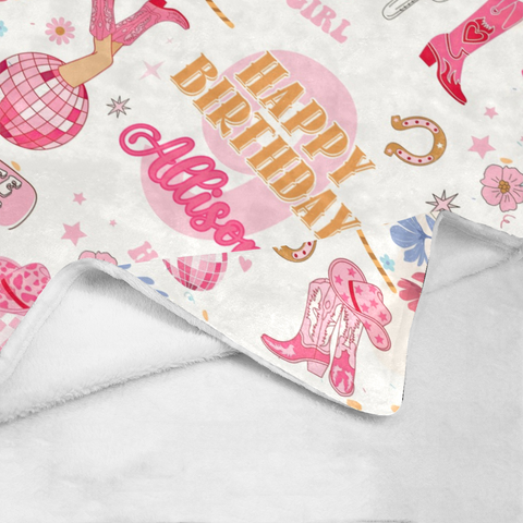 Image of USA Printed Custom Cowboy Blanket | Happy Birthday Cowgirl Yeehaw Custom Name Blanket, Cowgirl Blanket, Personalized Blanket, Blanket for Girl, Gift For Daughter for Girl, Birthday Gifts