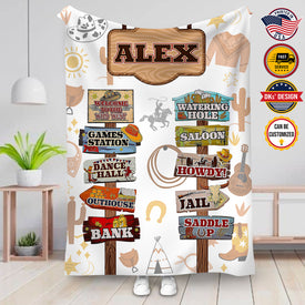 Personalized Cowboy Blanket, Welcome To The Wild West Custom Name Blanket, Blanket for Horse Lovers, Birthday Blanket, Baby Shower Gift