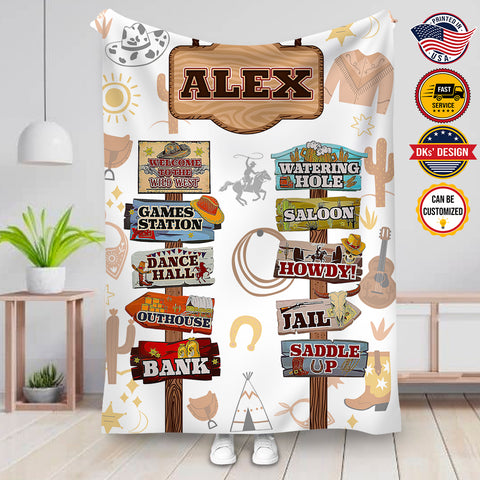 Image of USA Printed Custom Cowboy Blanket | Welcome To The Wild West Custom Name Blanket, Custom Blanket, Personalized Blanket, Blanket for Horse Lovers, Birthday Blanket, Baby Shower Gift, Christmas Gifts For Son For Boy