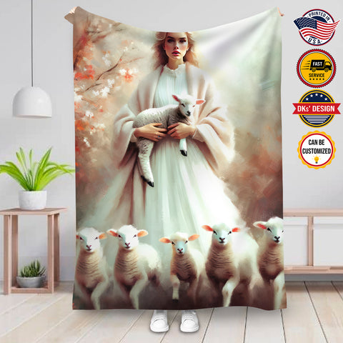 Image of Personalized Girl & Sheeps Blanket, Personalized Blanket, 3D Printed Blanket, Blanket for Girl, Sherpa Blanket, Fleece Blanket