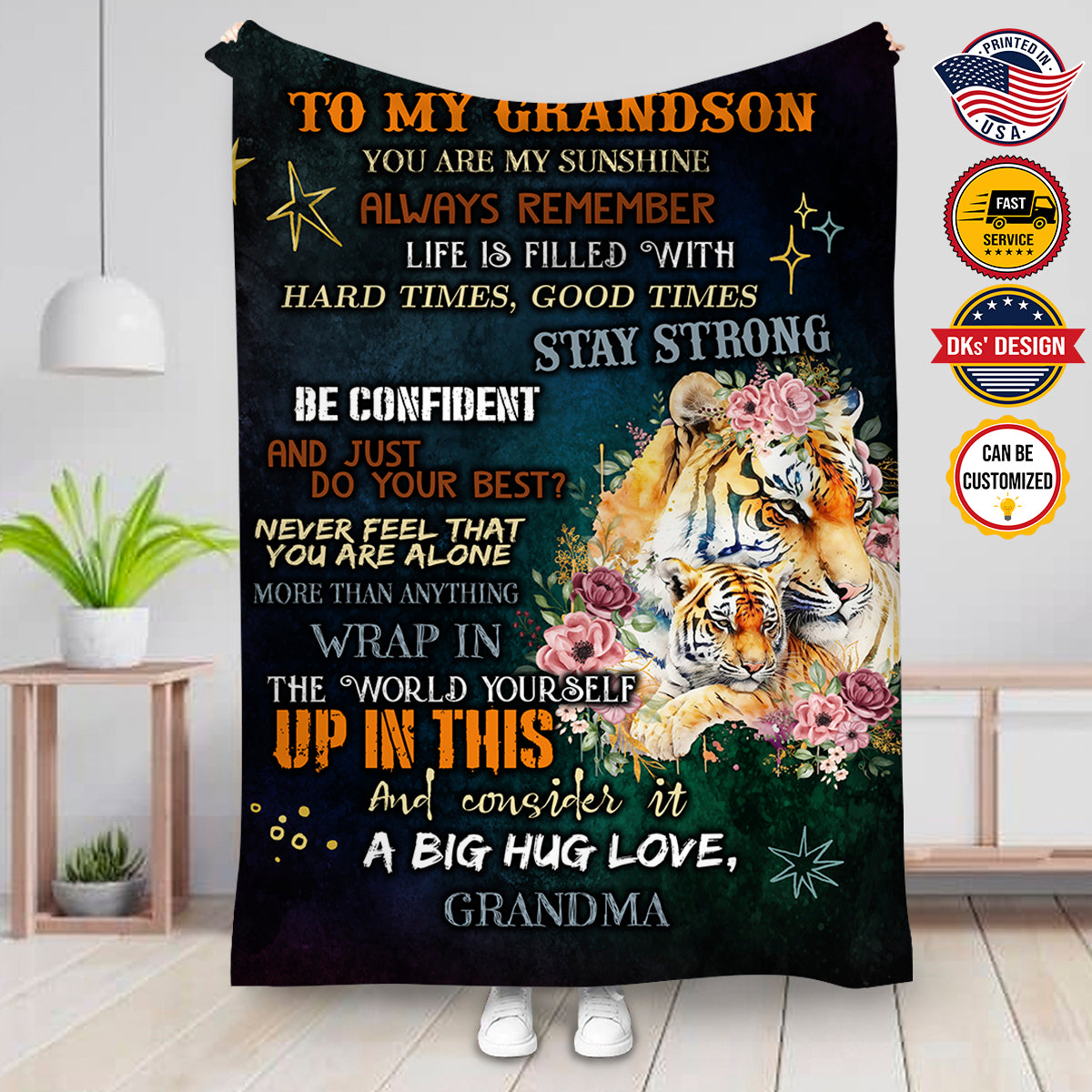 Personalized Tiger Grandson Blanket, To My Grandson Tiger Custom Name Blanket, Blanket for Grandson, Message Blanket, Gift For Grandson