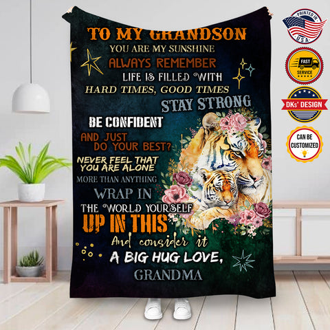 Image of Personalized Tiger Grandson Blanket, To My Grandson Tiger Custom Name Blanket, Blanket for Grandson, Message Blanket, Gift For Grandson