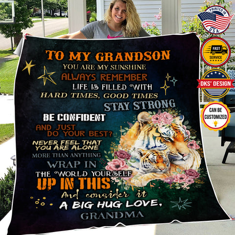 Image of Personalized Tiger Grandson Blanket, To My Grandson Tiger Custom Name Blanket, Blanket for Grandson, Message Blanket, Gift For Grandson