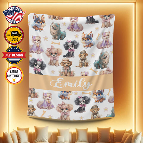 Image of USA Printed Dog Blanket, Dog Doll For Kids Custom Name Blanket, Personalized Blanket, 3D Printed Blanket, Blanket for Son For Daughter For Dog Lovers, Sherpa Blanket, Fleece Blanket, Baby Shower Gift, Christmas Gifts