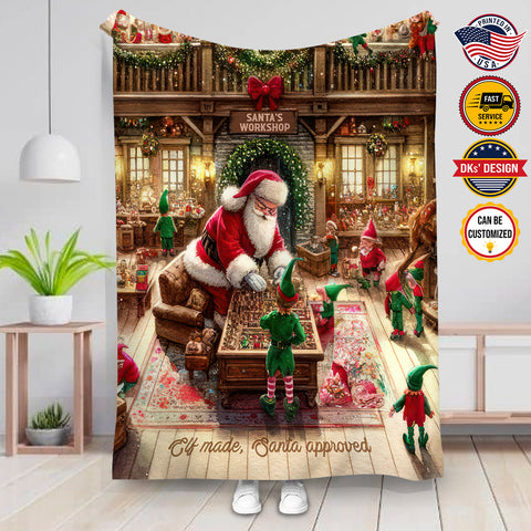 Image of USA Printed Custom Christmas Blanket | Christmas Santa Workshop Blanket, Birthday Blanket, Personalize Christmas Blanket, Throw Blanket, Birthday Gift, Christmas Gift