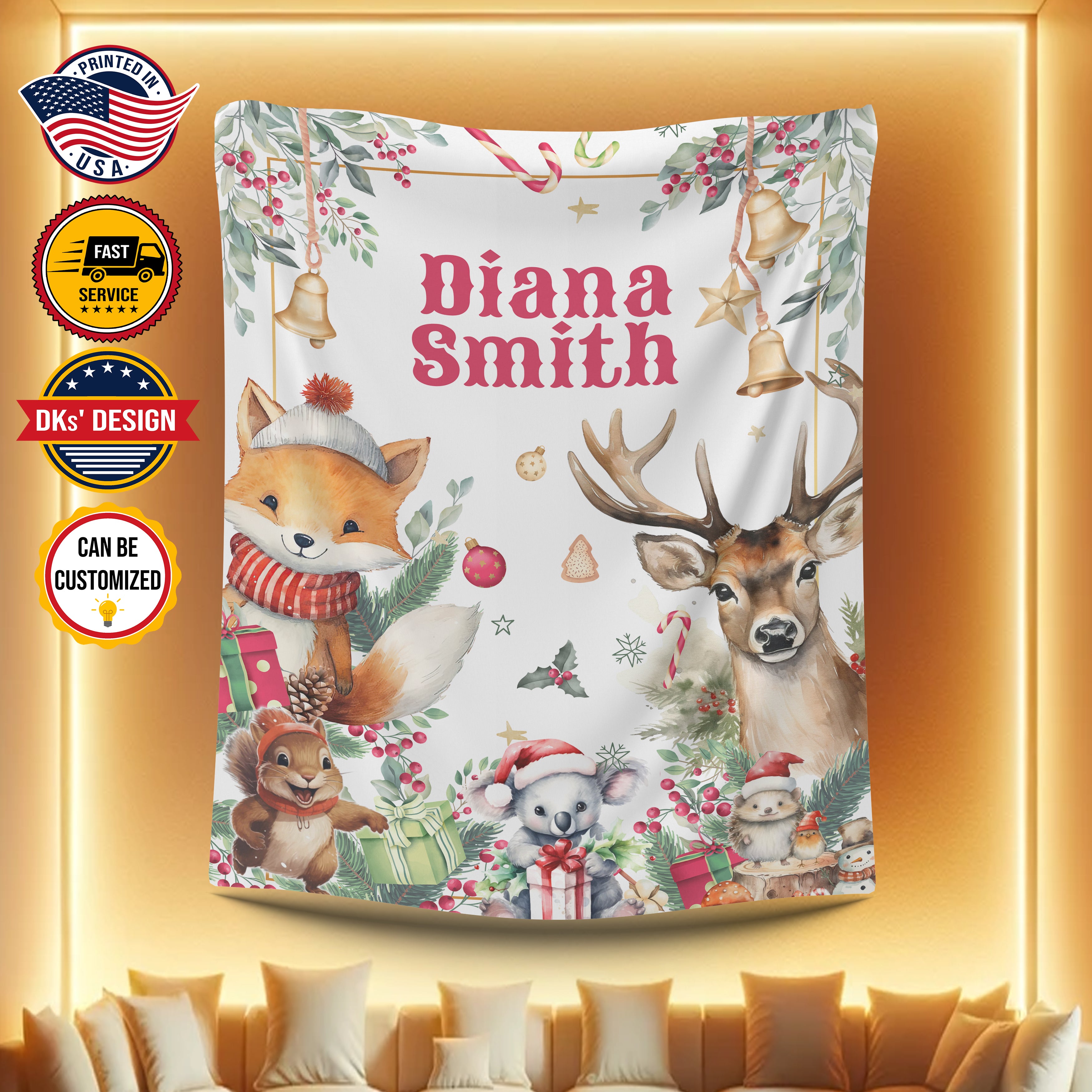 Personalized Christmas Blanket, Custom Christmas Animals Baby Kid Blanket, Baby Animals Blanket, Baby Shower Gift, Christmas Gifts