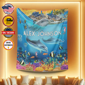 Personalized  Dolphin Under the Sea Creature Custom Name Blanket, Birthday Blanket, Dolphin Blanket, Sea Animals Blanket, Birthday Gift