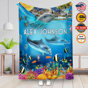 USA Printed Custom Blanket  | Dolphin Under the Sea Creature Custom Name Blanket, Birthday Blanket, Personalize Dolphin Blanket, Throw Blanket, Baby Shower Gift, Birthday Gift, Christmas Gift