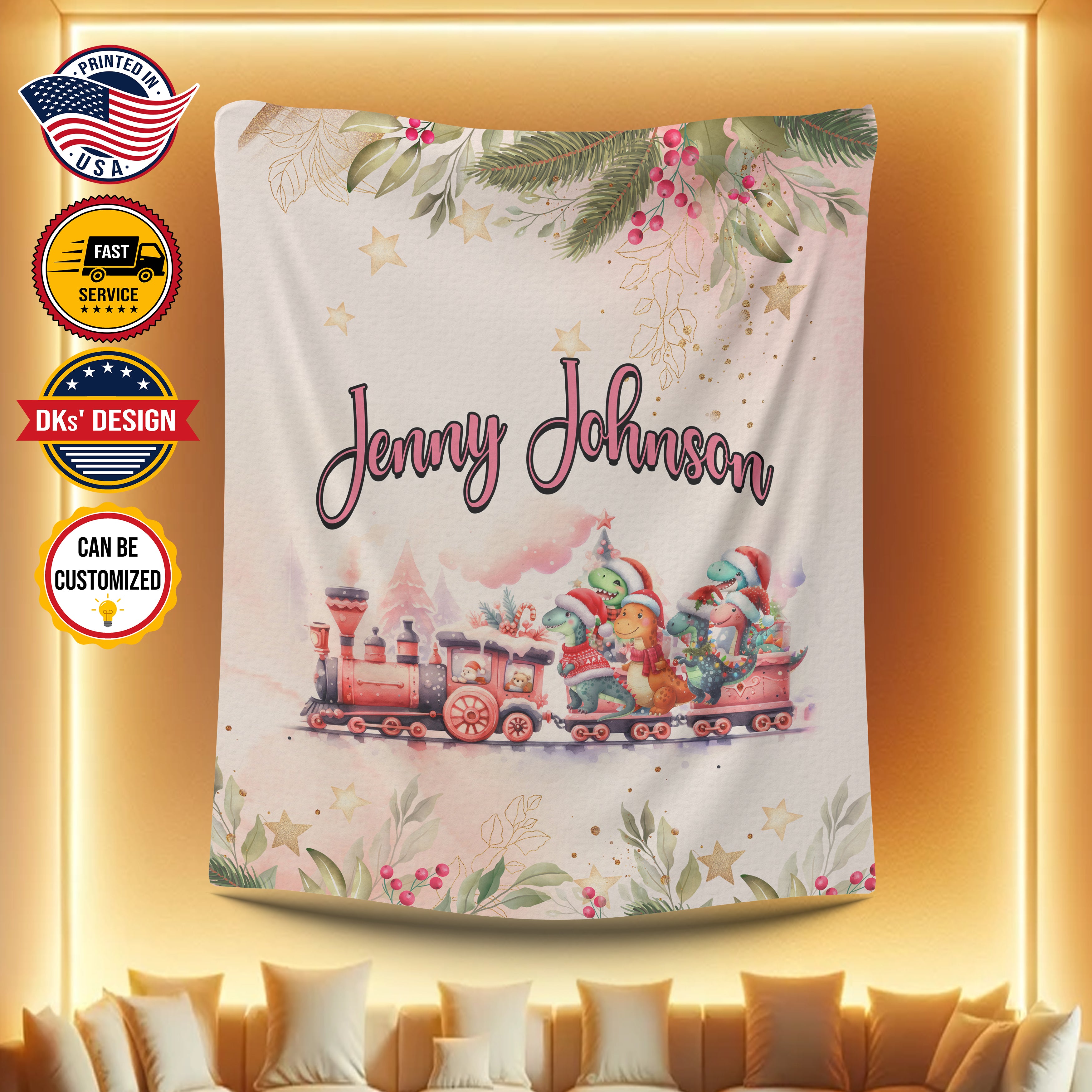 Personalized Christmas Dinosaurus Train Custom Name Blanket For Kid, Baby First Christmas Blanket, 1st Christmas Sherpa Blanket, Christmas Gift