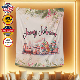 Personalized Christmas Dinosaurus Train Custom Name Blanket For Kid, Baby First Christmas Blanket, 1st Christmas Sherpa Blanket, Christmas Gift