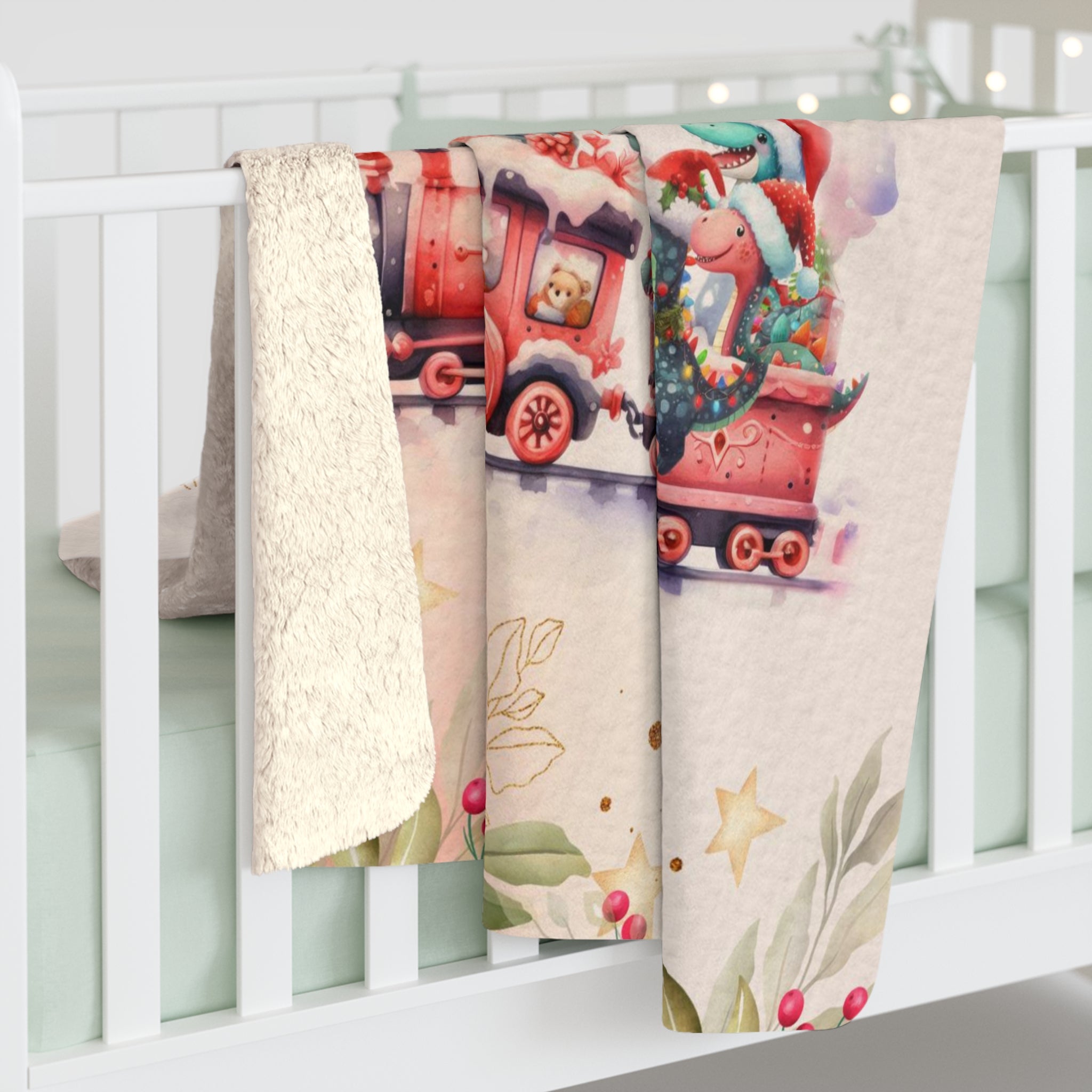 Personalized Christmas Dinosaurus Train Custom Name Blanket For Kid, Baby First Christmas Blanket, 1st Christmas Sherpa Blanket, Christmas Gift