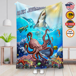 USA Printed Custom Blanket | Shark Under The Sea Creature Custom Name Blanket, Shark Blanket, Birthday Blanket, Personalized Ocean Animals Blanket, Throw Blanket, Birthday Gift, Christmas Gift, Baby Shower Gift
