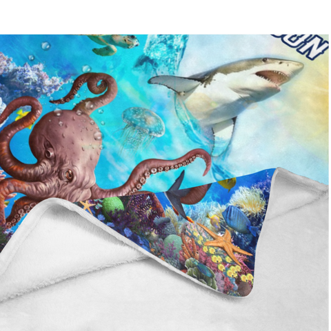 Image of USA Printed Custom Blanket | Shark Under The Sea Creature Custom Name Blanket, Shark Blanket, Birthday Blanket, Personalized Ocean Animals Blanket, Throw Blanket, Birthday Gift, Christmas Gift, Baby Shower Gift