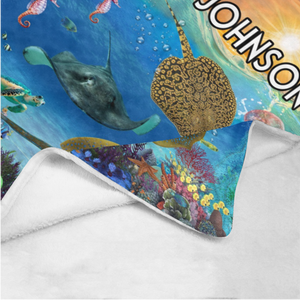 USA Printed Custom Blanket | Stingray Whale Under the Sea Creature Custom Name Blanket, Birthday Blanket, Personalized Ocean Animals Blanket, Throw Blanket, Birthday Gift, Christmas Gift, Baby Shower Gift