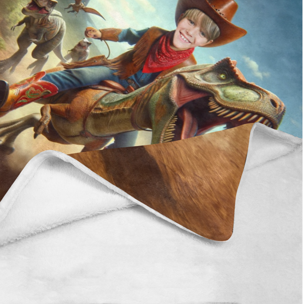 Personalized Cowboy Blanket, Cowboy Riding Dino Custom Face And Name Blanket, Cowboy Custom Blanket, Birthday Dinosaurus Blanket