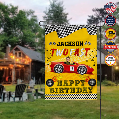 Image of Personalized Birthday Flag, Custom Face & Name Birthday Flag, Racing Car 2nd Birthday Flag, Custom Double Side Garden Flag, Birthday Gift