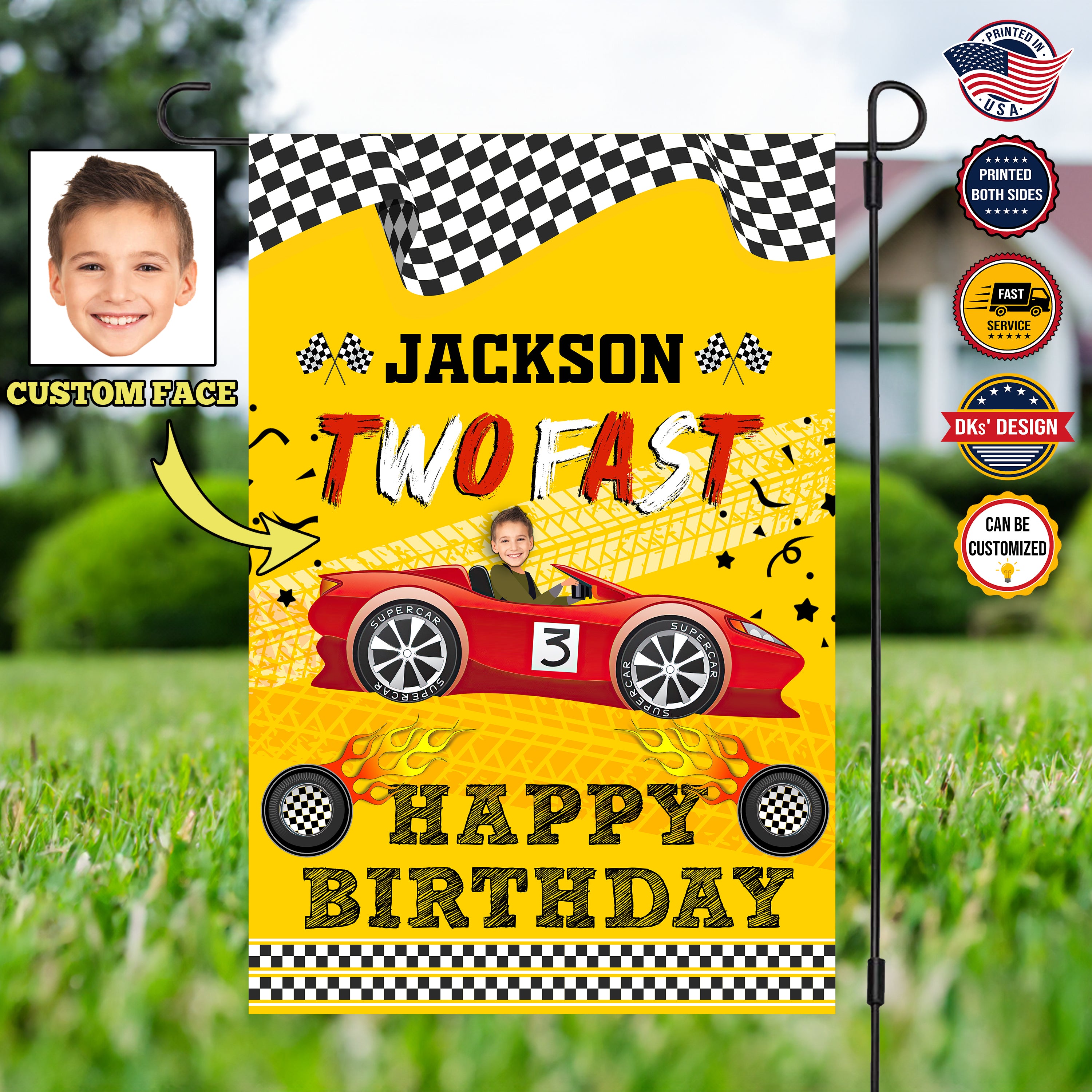 Personalized Birthday Flag, Custom Face & Name Birthday Flag, Racing Car 2nd Birthday Flag, Custom Double Side Garden Flag, Birthday Gift