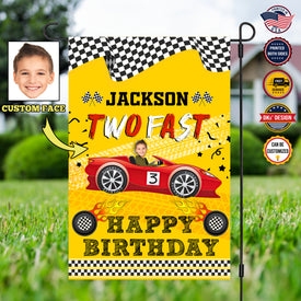Personalized Birthday Flag, Custom Face & Name Birthday Flag, Racing Car 2nd Birthday Flag, Custom Double Side Garden Flag, Birthday Gift