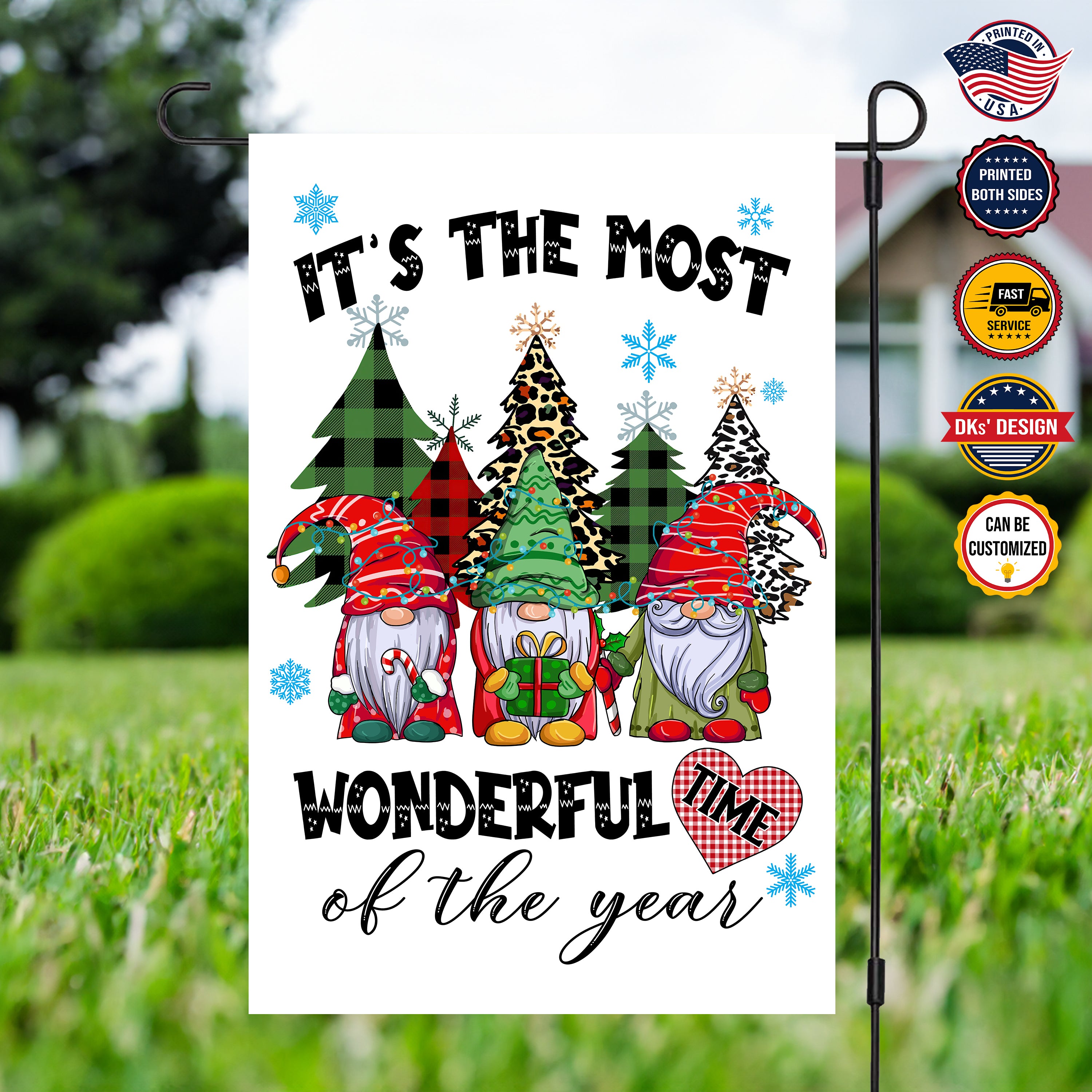 Personalized Christmas Flag, Custom Double Side Gnome Christmas Flag, Wonderful Time Of The Year Garden Flag, Christmas Gift
