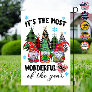 USA MADE Christmas Flag | Wonderful Time Of The Year Flag | Custom Double Side Gnome Christmas Garden Flag, House Flag, Yard Flag