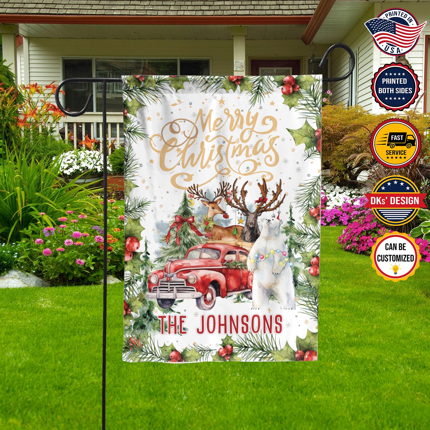 Personalized Christmas Flag, Custom Double Side Christmas Red Car Animals In The Forest Garden Flag, House Flag, Christmas Gift