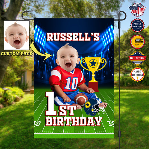 Image of USA MADE Personalized First Birthday Flag | Baby 1st Birthday Custom Face And Custom Name Flag, American Football Flag, American Football Son Gift, Custom Double Side Baby Garden Flag, House Flag, Yard Flag, Birthday Gifts For Boy For Son