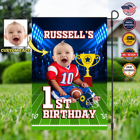 Image of USA MADE Personalized First Birthday Flag | Baby 1st Birthday Custom Face And Custom Name Flag, American Football Flag, American Football Son Gift, Custom Double Side Baby Garden Flag, House Flag, Yard Flag, Birthday Gifts For Boy For Son