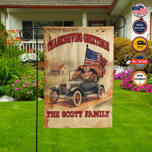 USA MADE Personalized Family Thanksgiving Flag | Thanksgiving Greetings Custom Name Flag, Custom Double Side Thanksgiving Turkey on Jeep Garden Flag, House Flag, Yard Flag