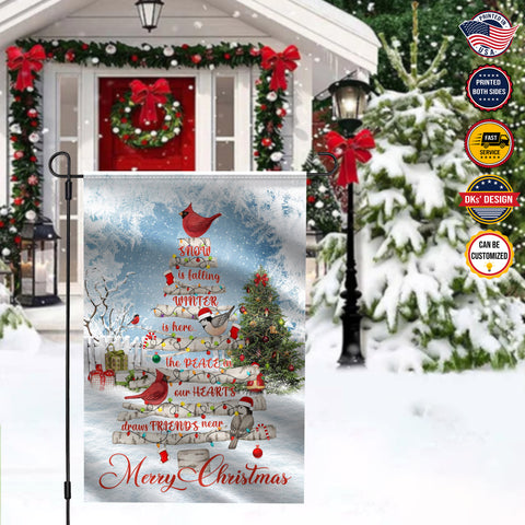 Image of Personalized Christmas Flag, Custom Double Side Tree Birds Cardinal Snow Is Falling Winter Is Here Flag, Christmas Tree Lights Flag, Christmas Gift