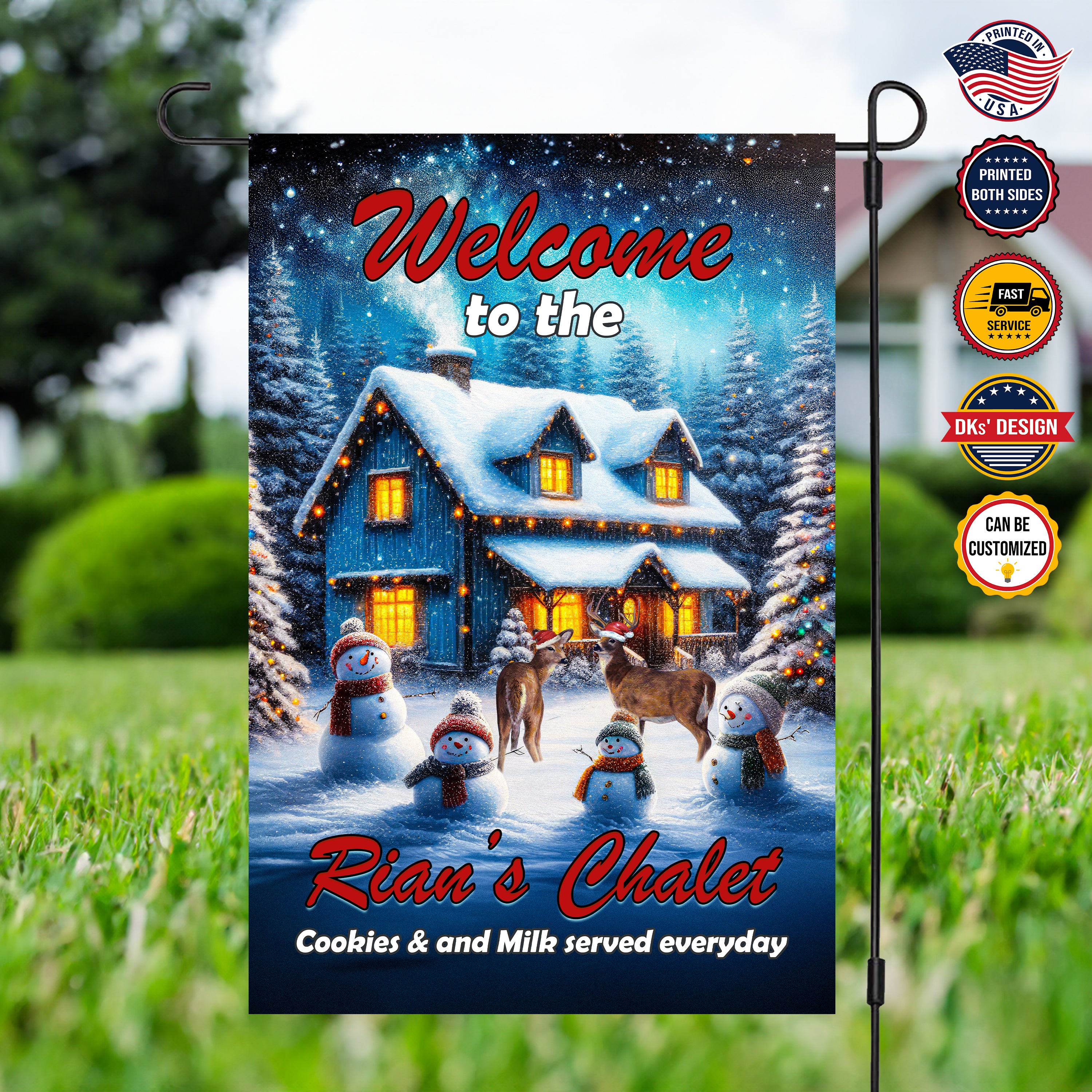Personalized Christmas Flag, Custom Double Side Snowman Reindeer Chalet Flag, Merry Chrisrmas Garden Flag, Christmas Gift
