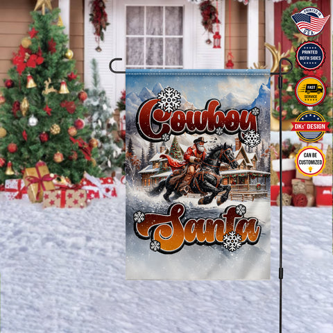Image of USA MADE Personalized Christmas Flag | Santa Cowboy Flag, Santa Riding Horse Flag, Cowboy Santa Flag, Custom Double Side Santa Claus Christmas Garden Flag, House Flag, Yard Flag