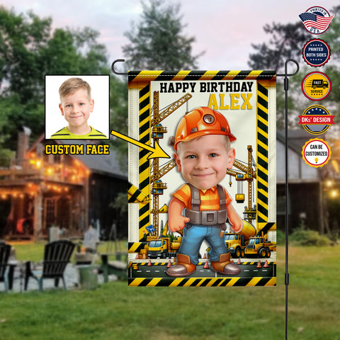 Image of Personalized Birthday Flag, Custom Face & Name Birthday Flag, 7th Birthday Construction Boy, Custom Double Side Garden Flag, Birthday Gift