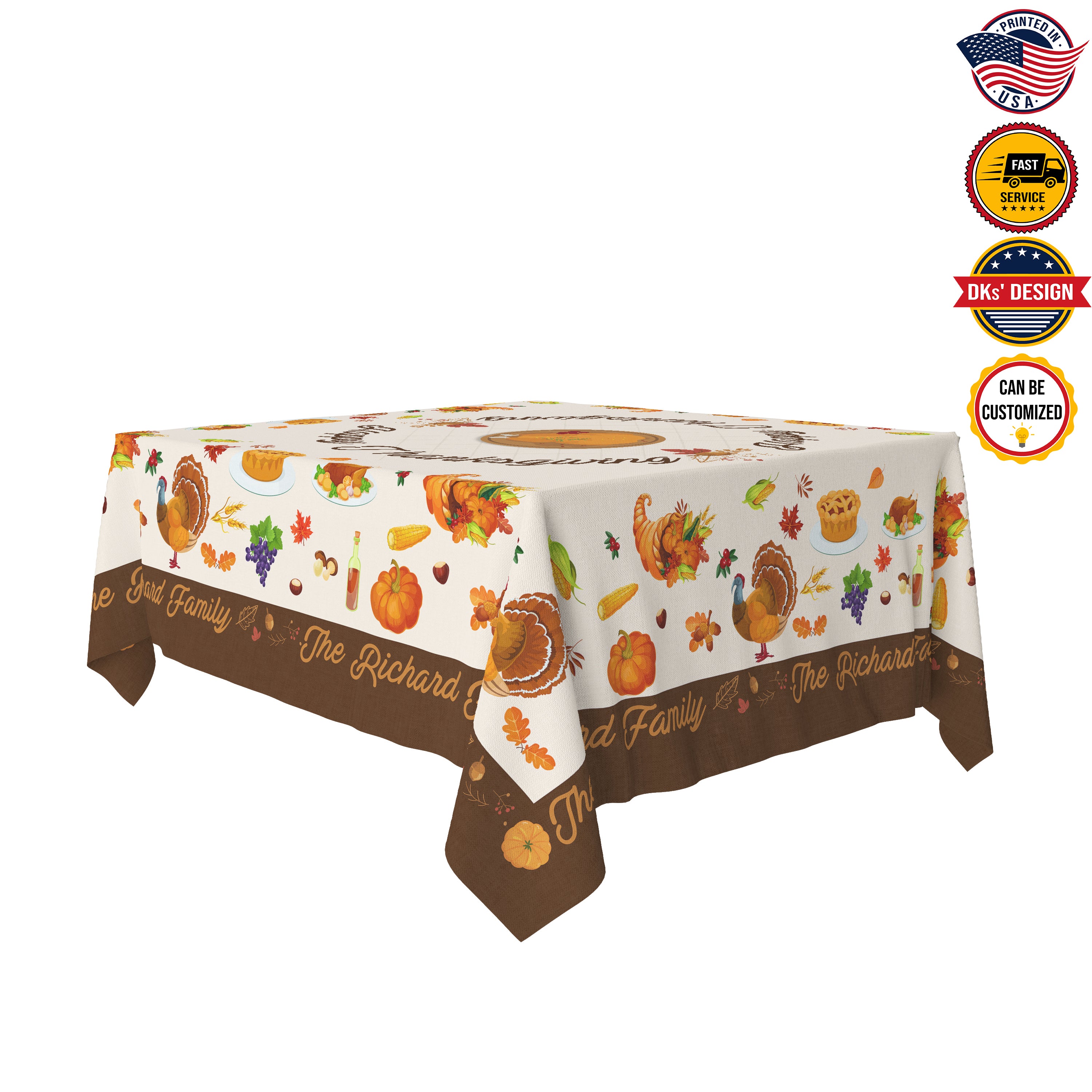 USA MADE Custom Thanksgiving Tablecloth | Happy Thanksgiving Turkey Custom Name Tablecloth 55.1''x55.1''-Polyester-Table Cover for Dining Table, Easter Dinner Party, Holiday Party Table Decor