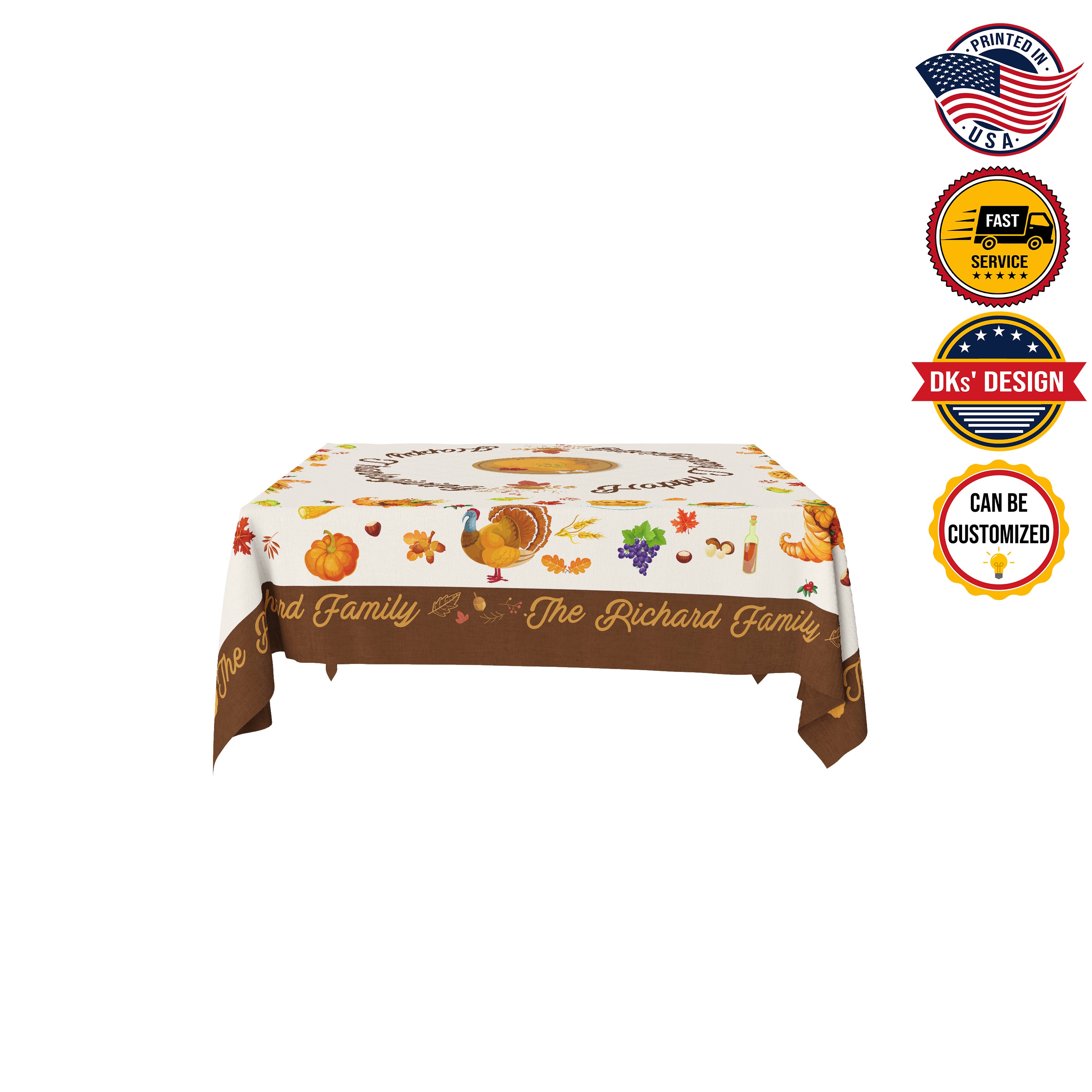 USA MADE Custom Thanksgiving Tablecloth | Happy Thanksgiving Turkey Custom Name Tablecloth 55.1''x55.1''-Polyester-Table Cover for Dining Table, Easter Dinner Party, Holiday Party Table Decor
