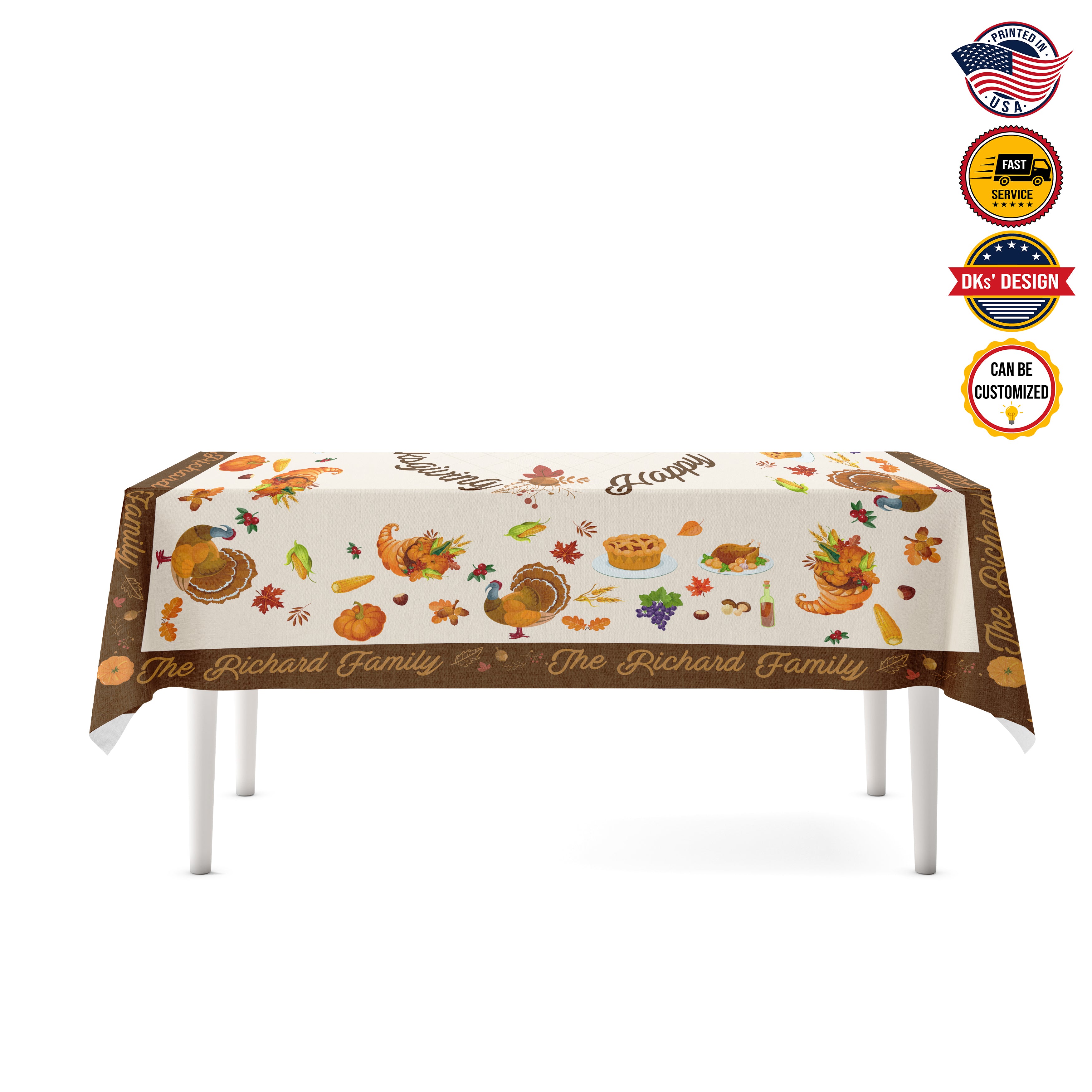 USA MADE Custom Thanksgiving Tablecloth | Happy Thanksgiving Turkey Custom Name Tablecloth 55.1''x55.1''-Polyester-Table Cover for Dining Table, Easter Dinner Party, Holiday Party Table Decor