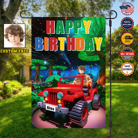 Image of Personalized Birthday Flag, Custom Face & Name Birthday Flag, Interlocking Building Blocks, Custom Double Side Garden Flag, Birthday Gift