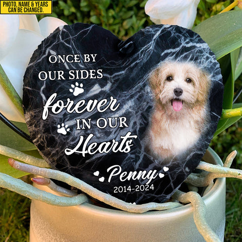 Image of Personalized Pet Memorial Stone With Photo, "Once By Our Side" Dog Cat Grave Stone, Pet Loss Gifts