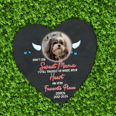 Image of Personalized Pet Memorial Stone With Photo, "Don't Cry Sweet Mama" Dog Cat Grave Stone, Pet Loss Gifts