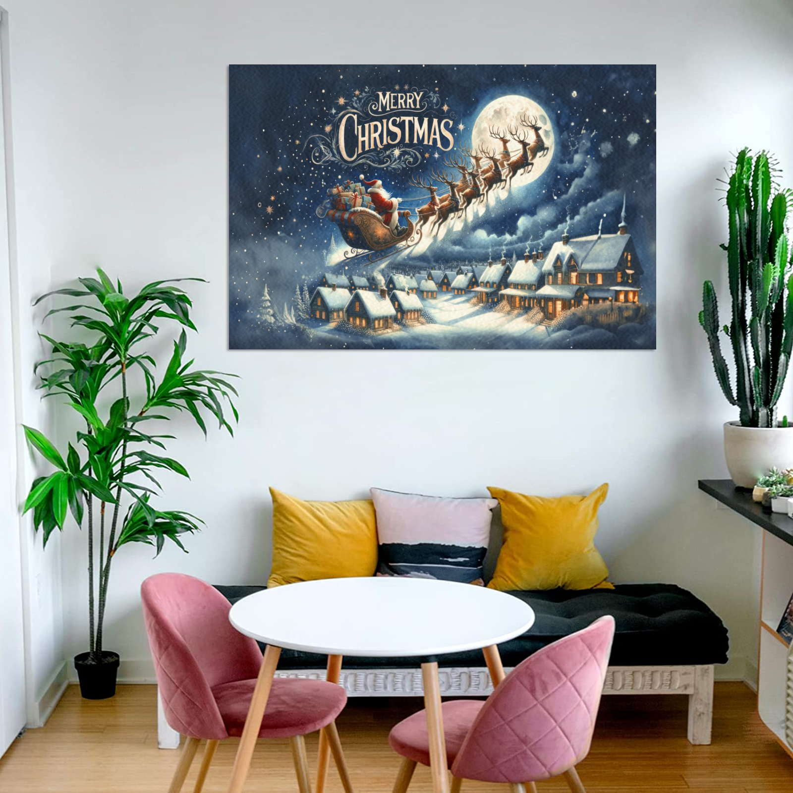 Personalized Christmas Canvas, Custom Santa Sleigh Christmas Canvas, Home Decor, Wall Art Decoration with Frame, Christmas Gifts