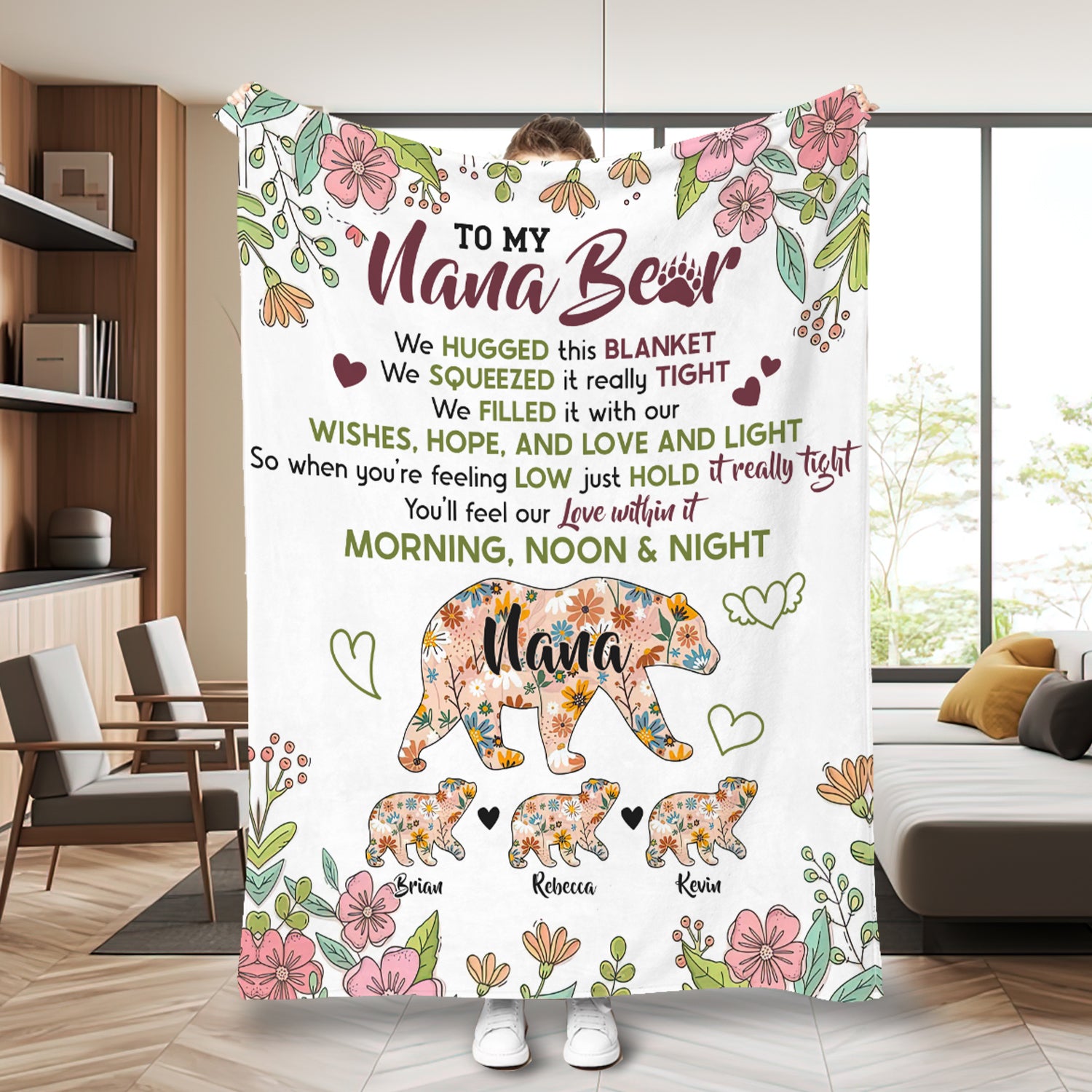 Personalized Grandma Blanket, Custom Flower Nana Bear Blanket, Message Blanket, Nana Blanket, Mother's Day Gift