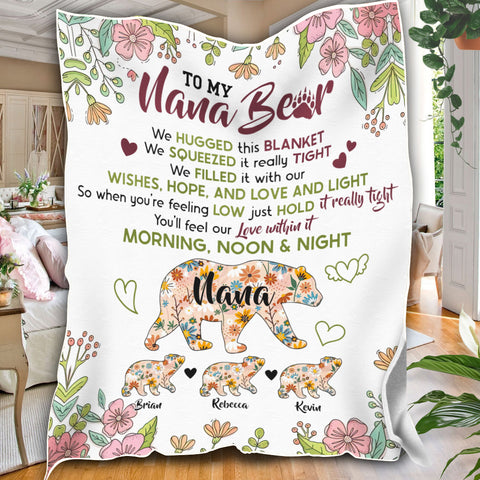 Image of Personalized Grandma Blanket, Custom Flower Nana Bear Blanket, Message Blanket, Nana Blanket, Mother's Day Gift