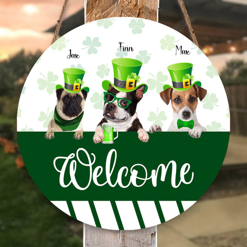 Image of Personalized Pet Photo Door Hanger, "Welcome" St. Patrick's Day Dog Cat Round Wooden Sign