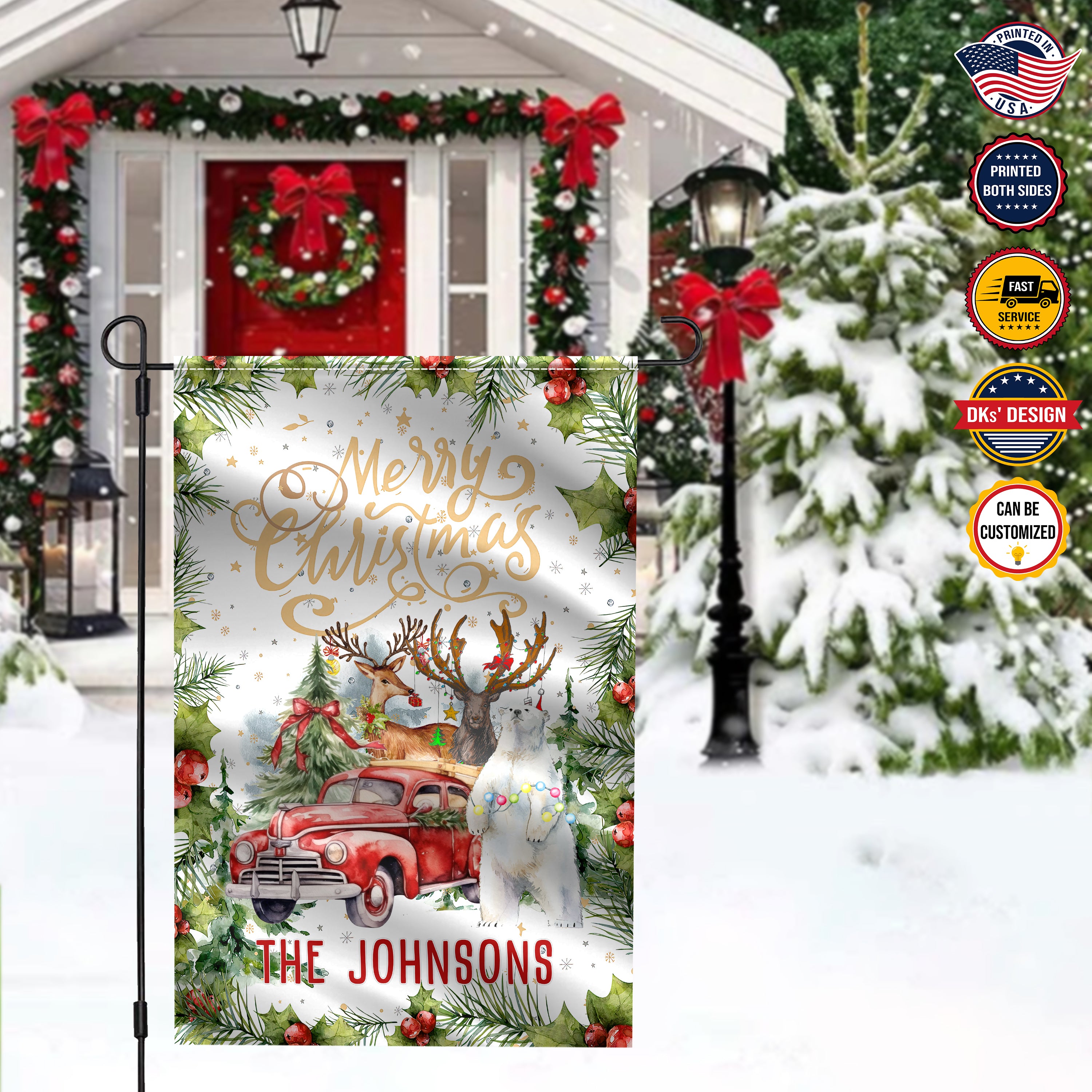 Personalized Christmas Flag, Custom Double Side Christmas Red Car Animals In The Forest Garden Flag, House Flag, Christmas Gift