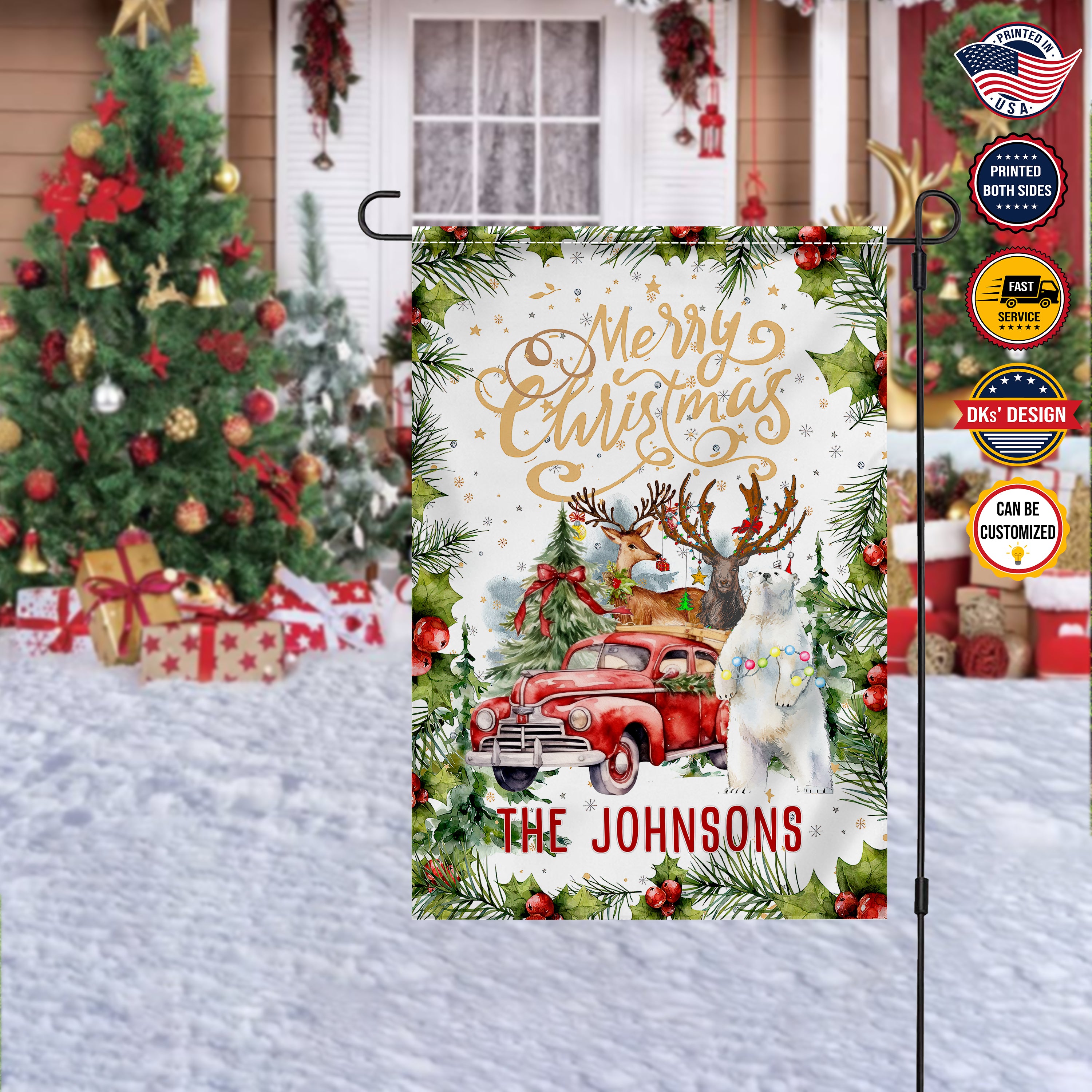 Personalized Christmas Flag, Custom Double Side Christmas Red Car Animals In The Forest Garden Flag, House Flag, Christmas Gift