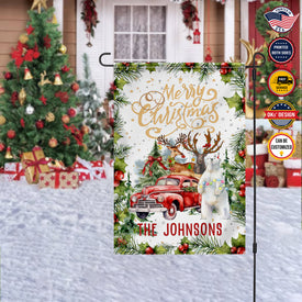Personalized Christmas Flag, Custom Double Side Christmas Red Car Animals In The Forest Garden Flag, House Flag, Christmas Gift