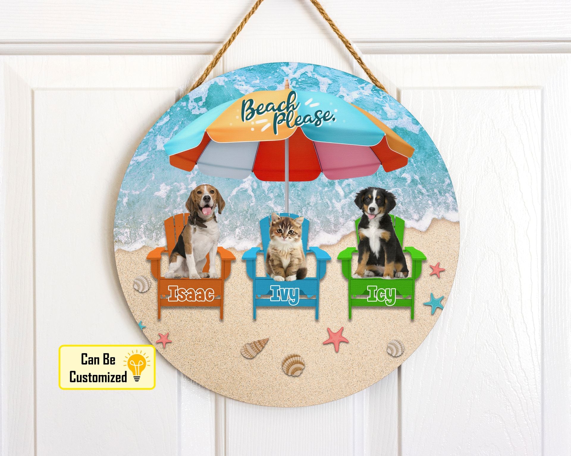 Personalized Pet Photo Door Hanger, "Beach Please" Dog Cat Summer Round Wooden Sign