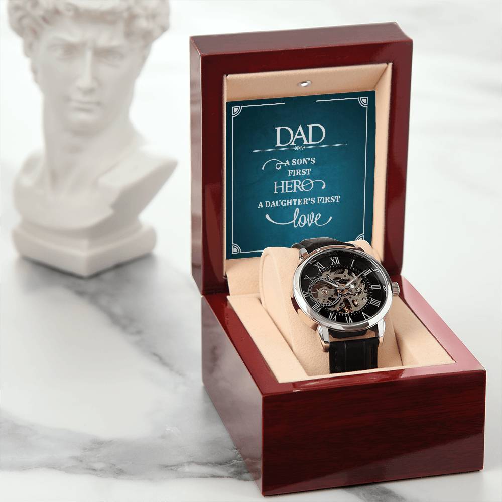 Dad A Son's First Hero A Daughter's First Love Men's Openwork Watch With Mahogany Box