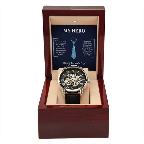 Image of Dad My Hero I Know You Are By My Side Happy Father's Day Men's Openwork Watch With Mahogany Box