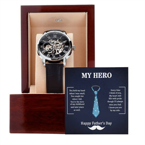 Dad My Hero I Know You Are By My Side Happy Father's Day Men's Openwork Watch With Mahogany Box